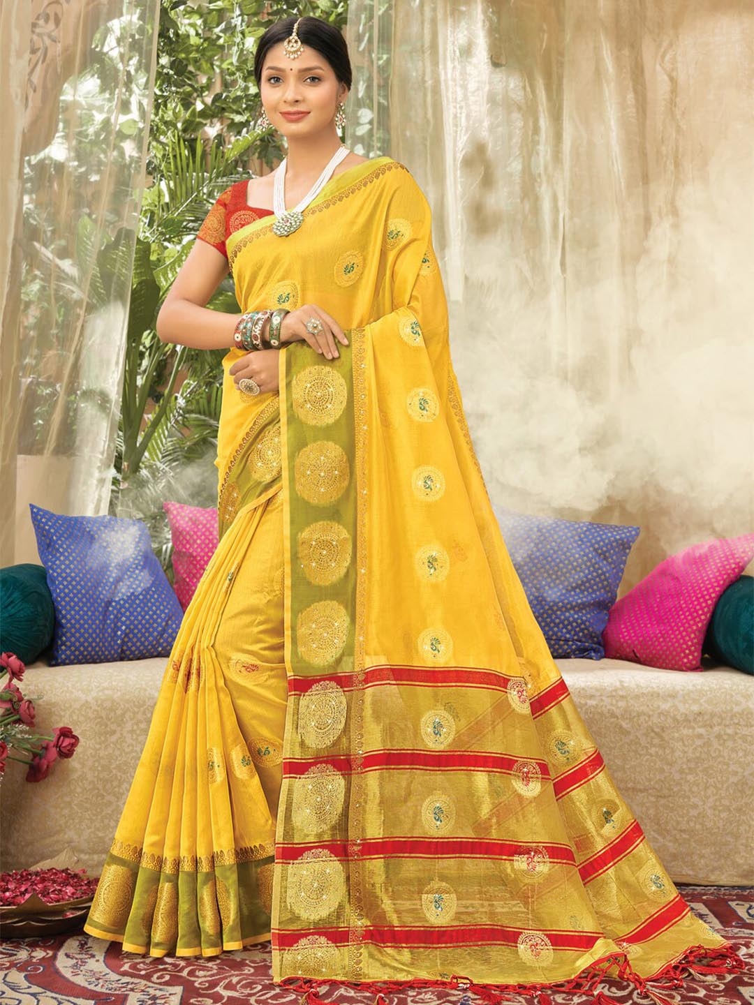 

SANGAM PRINTS Ethnic Motifs Zari Organza Saree, Yellow