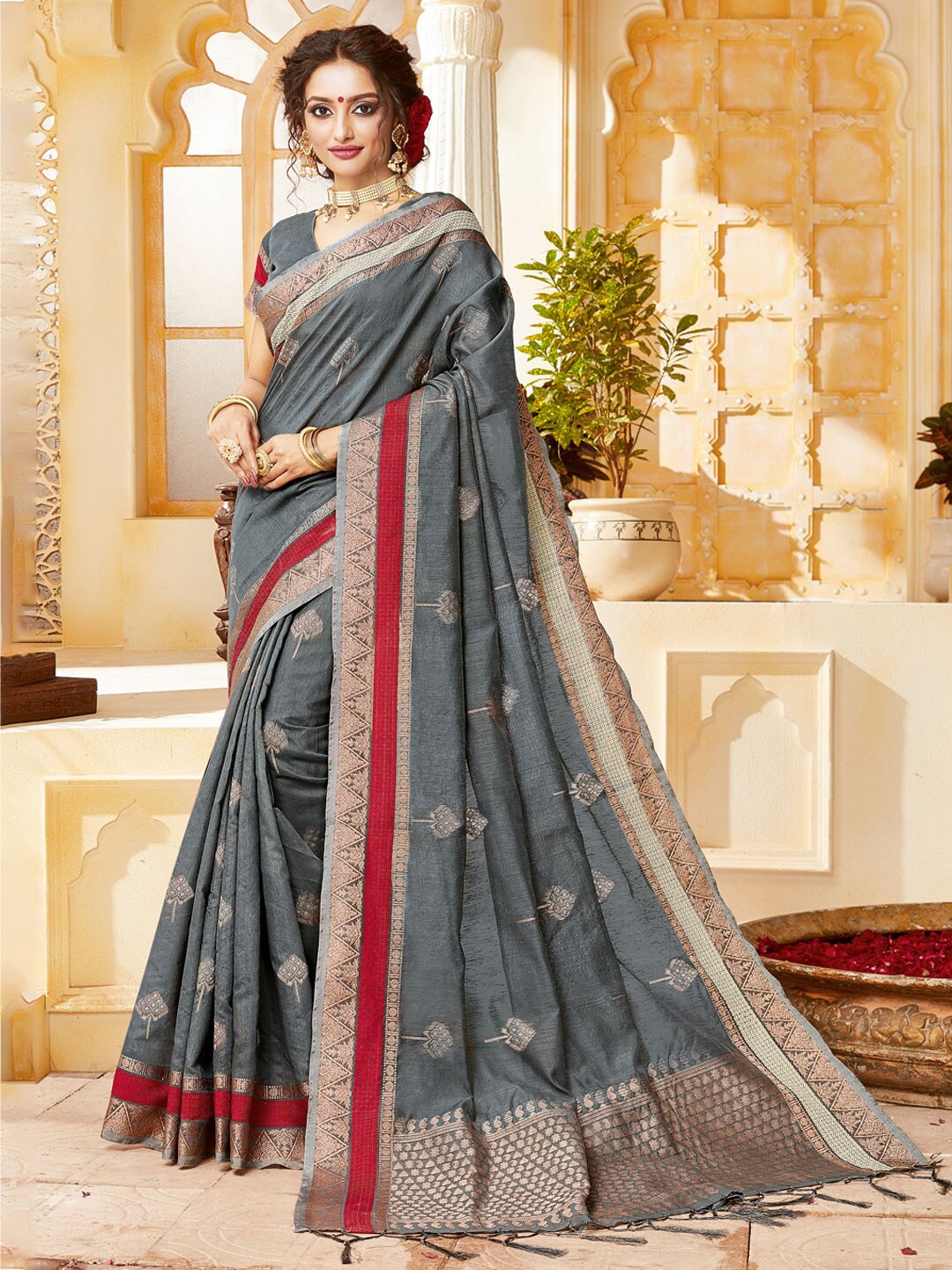 

SANGAM PRINTS Woven Design Zari Saree, Grey