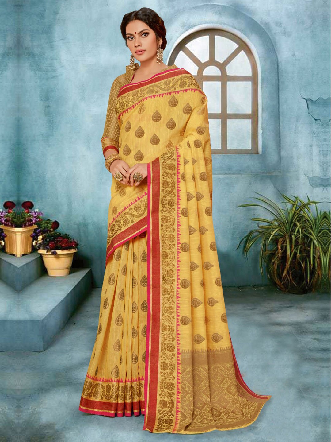 

SANGAM PRINTS Woven Design Zari Linen Blend Saree, Cream
