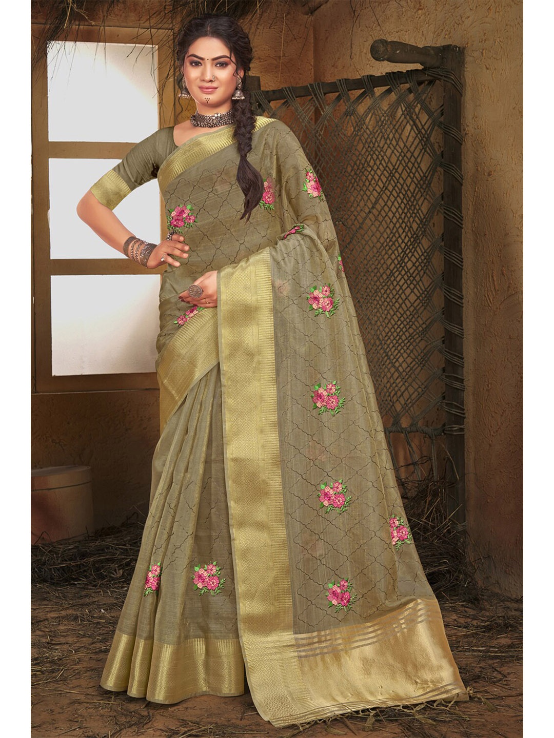 

SANGAM PRINTS Floral Zari Organza Saree, Grey