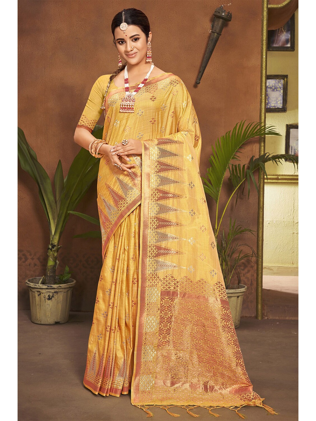 

SANGAM PRINTS Woven Design Zari Silk Blend Saree, Yellow