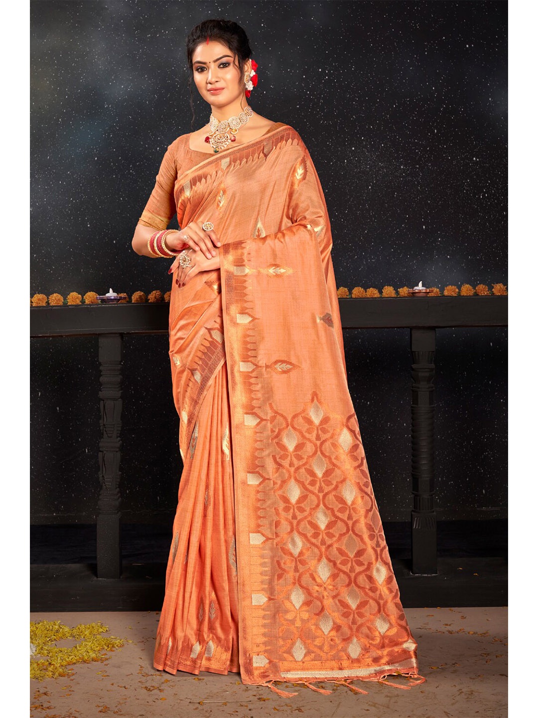 

SANGAM PRINTS Woven Design Zari Silk Blend Saree, Peach