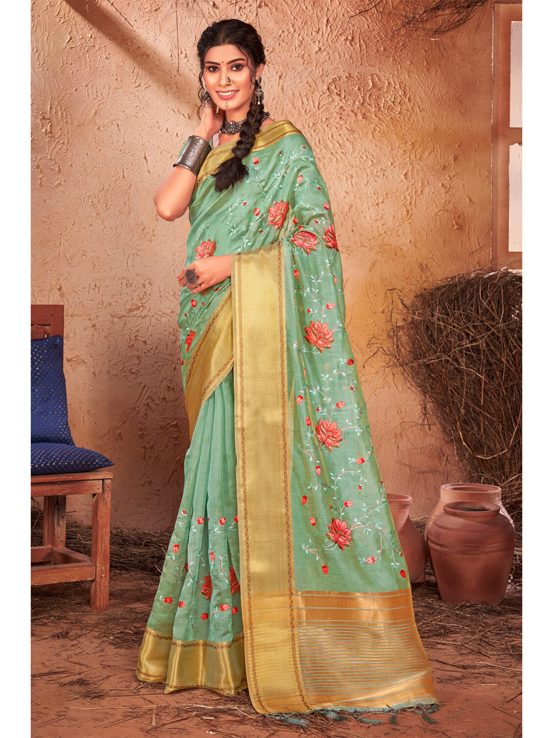 

SANGAM PRINTS Woven Design Zari Organza Saree, Turquoise blue