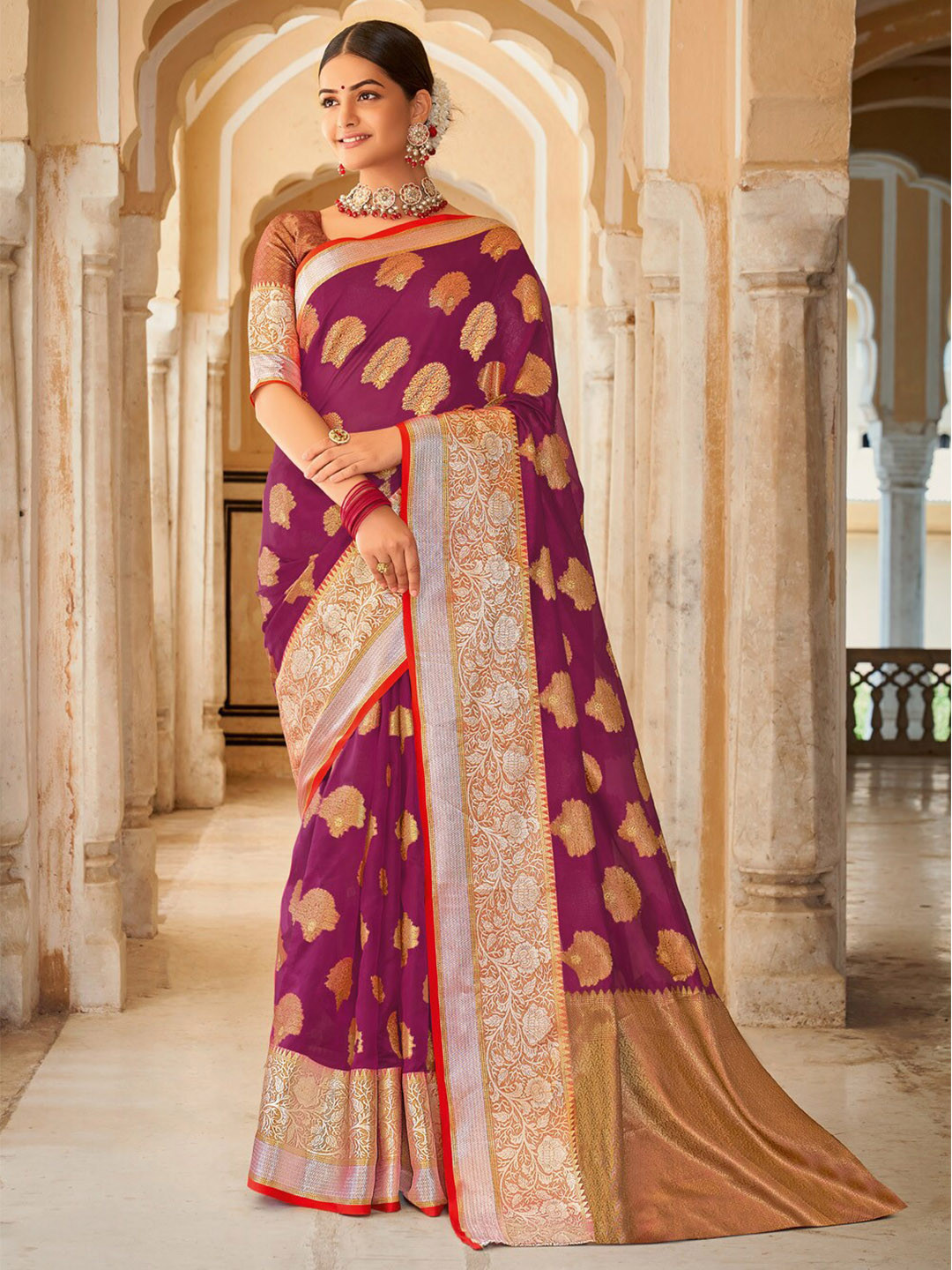

SANGAM PRINTS Woven Design Organza Saree, Magenta
