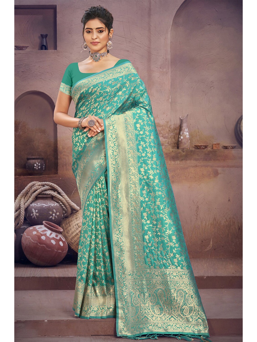 

SANGAM PRINTS Woven Design Zari Silk Blend Saree, Sea green