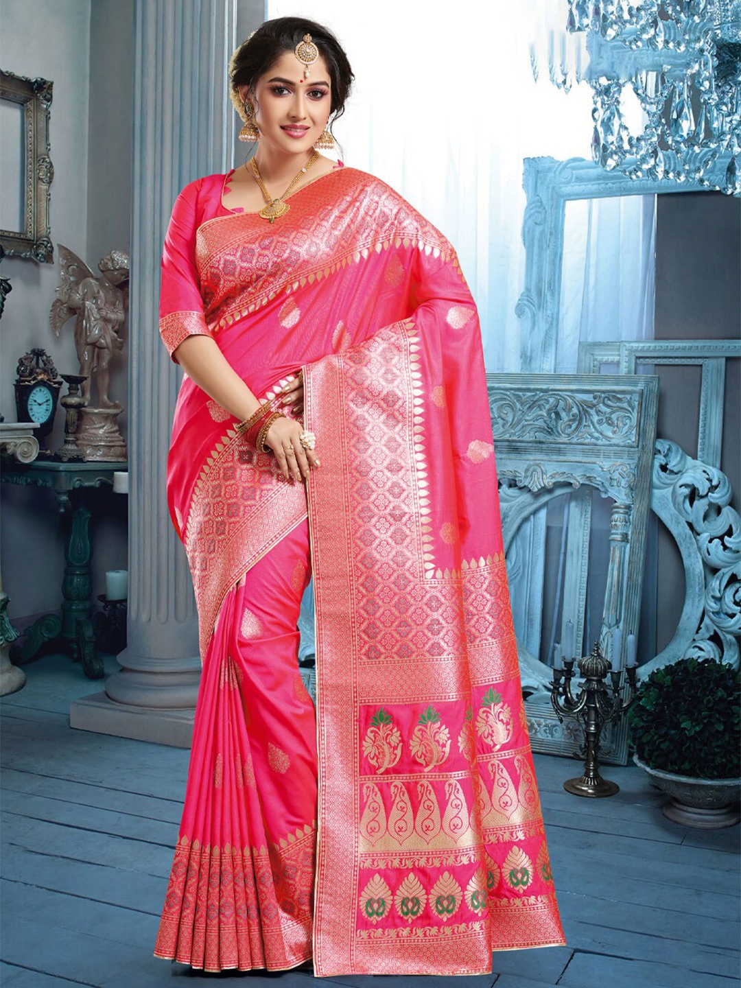 

SANGAM PRINTS Ethnic Motifs Zari Silk Blend Saree, Pink