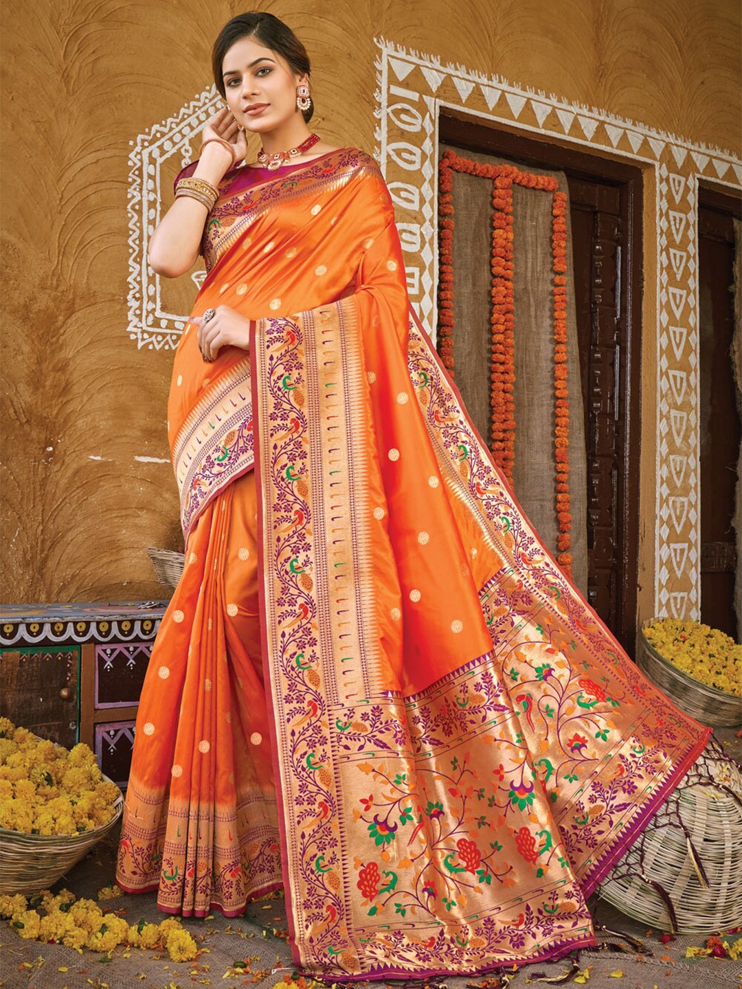 

SANGAM PRINTS Woven Design Zari Silk Blend Saree, Orange