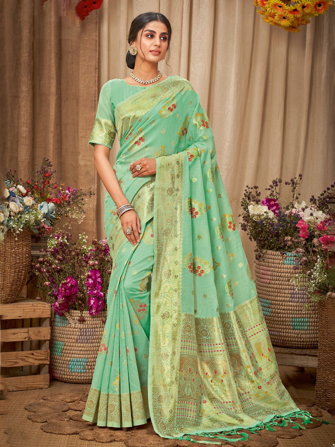 

SANGAM PRINTSWoven Design Zari Saree, Sea green
