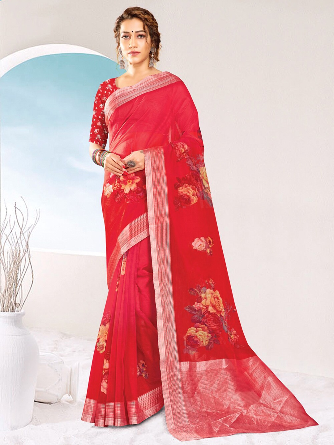 

SANGAM PRINTS Woven Design Zari Organza Saree, Red