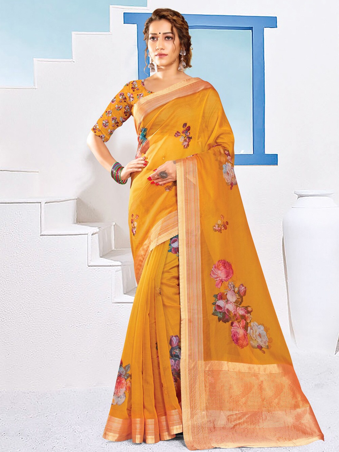 

SANGAM PRINTS Floral Zari Organza Saree, Mustard