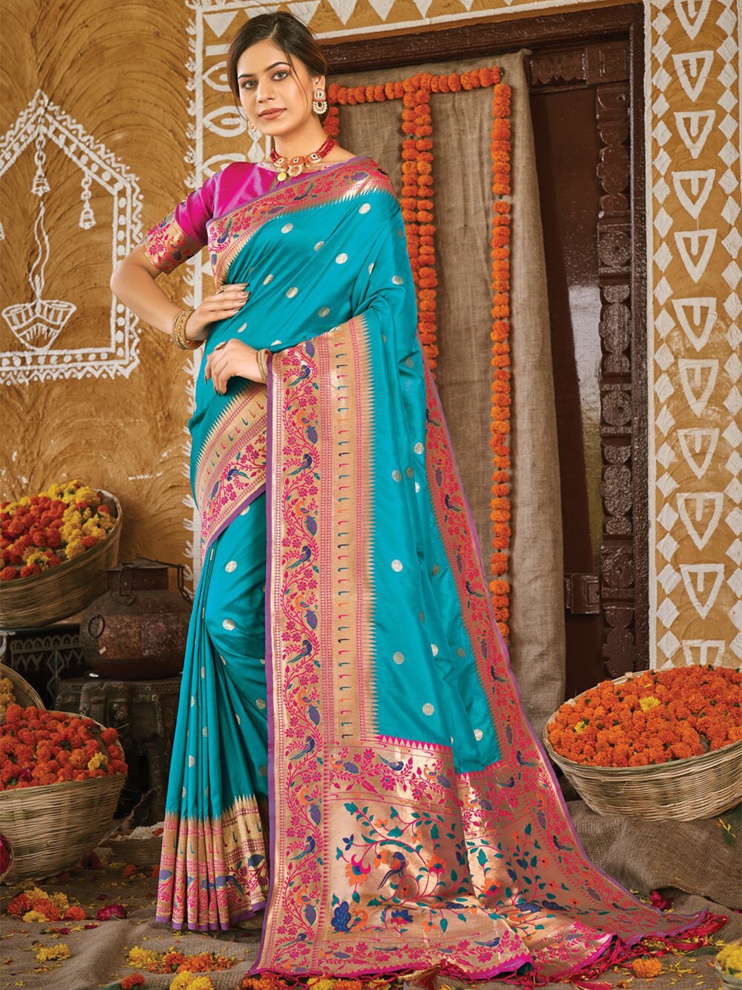 

SANGAM PRINTS Woven Design Zari Silk Blend Saree, Blue