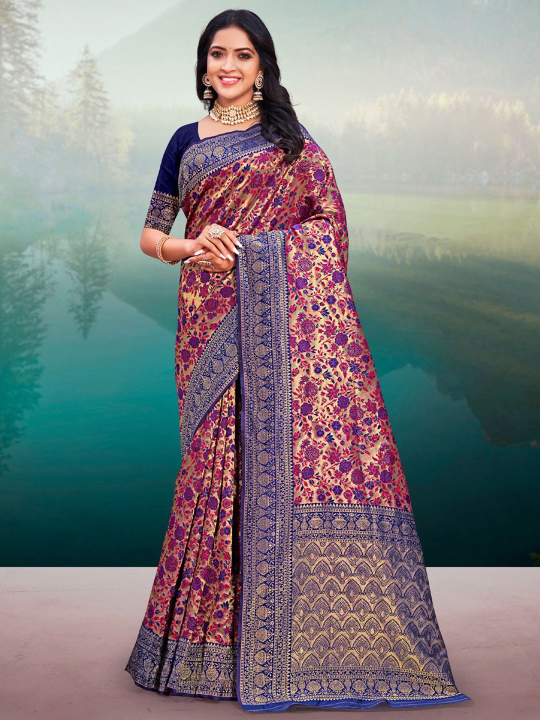 

SANGAM PRINTS Floral Zari Silk Blend Saree, Pink