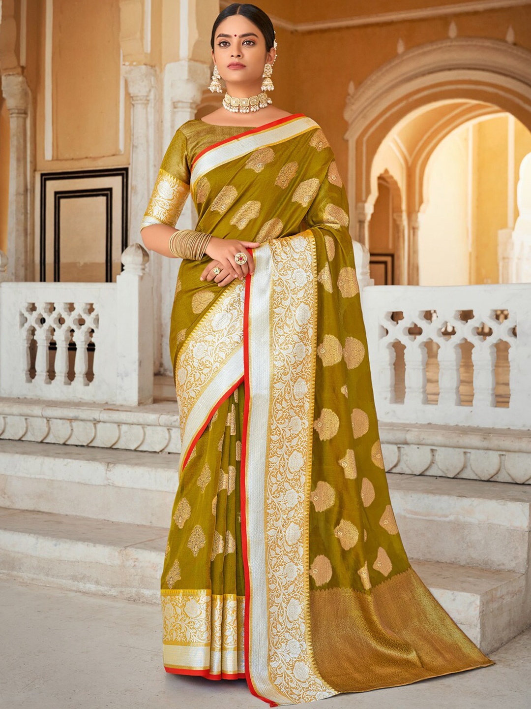 

SANGAM PRINTS Ethnic Motifs Zari Organza Saree, Green