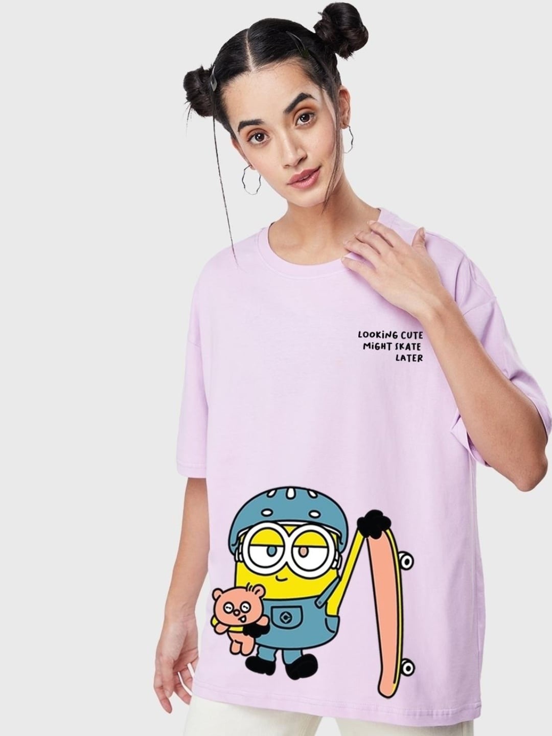 

Bewakoof Women Minions Printed Drop-Shoulder Sleeves Pure Cotton Loose T-shirt, Lavender