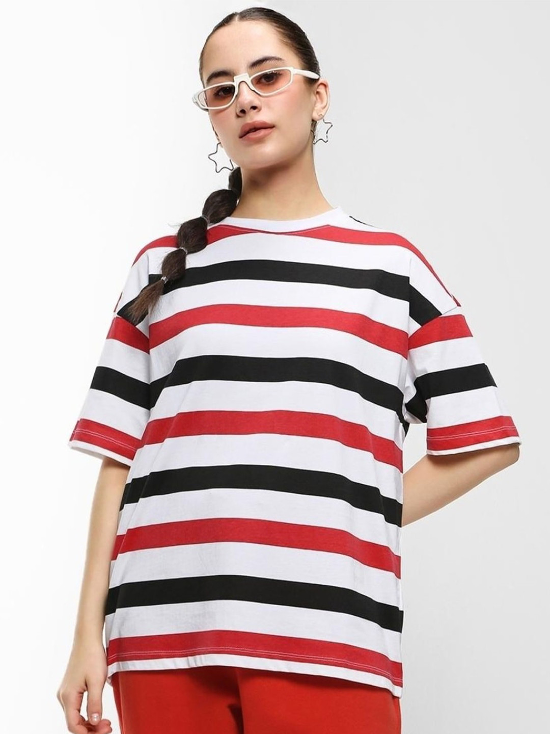 

Bewakoof Women Striped Pure Cotton T-shirt, White