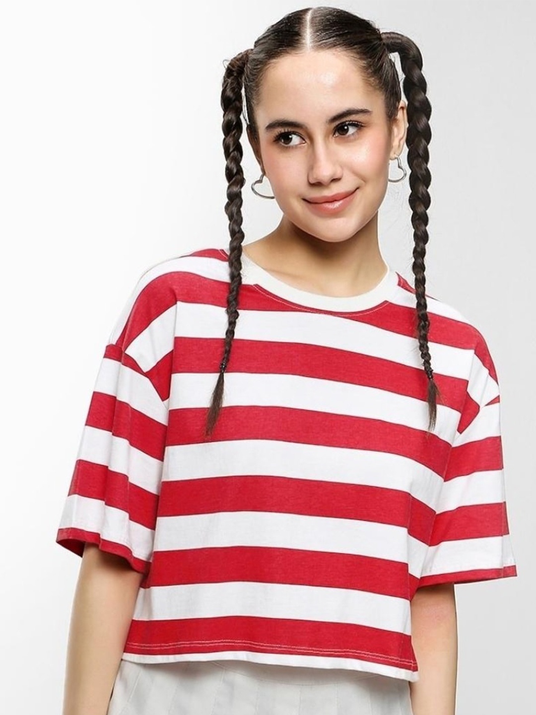 

Bewakoof Women Striped Pure Cotton T-shirt, White