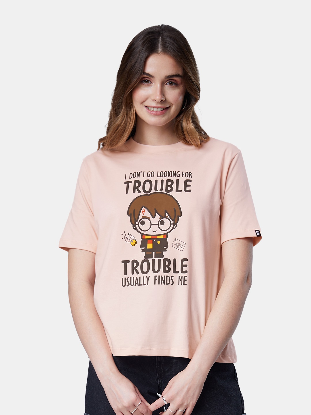 

The Souled Store Women Printed Round Neck Cotton T-shirt, Pink
