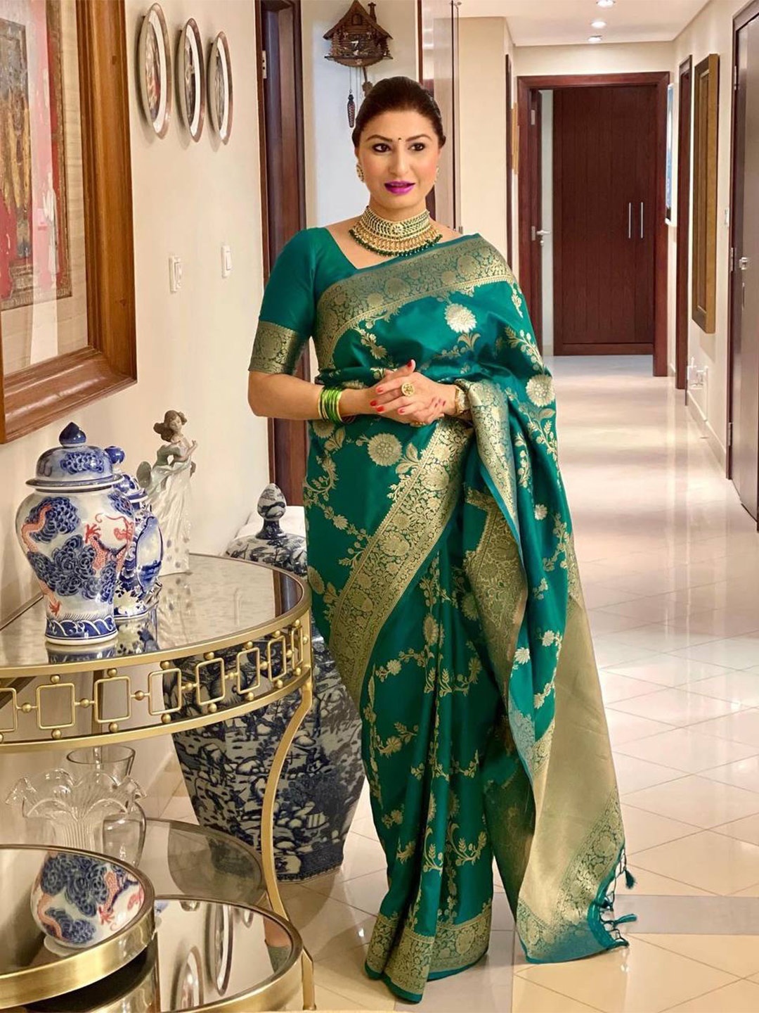 

TIEXA Woven Design Zari Pure Silk Banarasi Saree, Teal