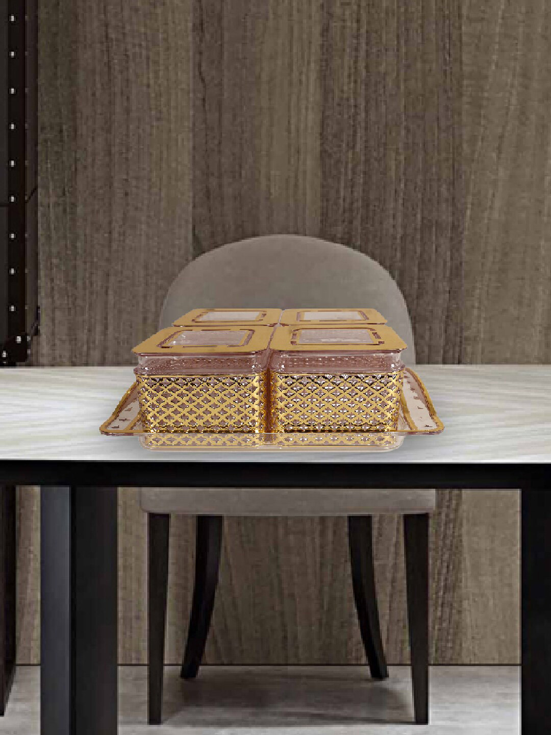 

Kuber Industries Gold Toned 5 Pieces Textured Containers & Tray 400 ml