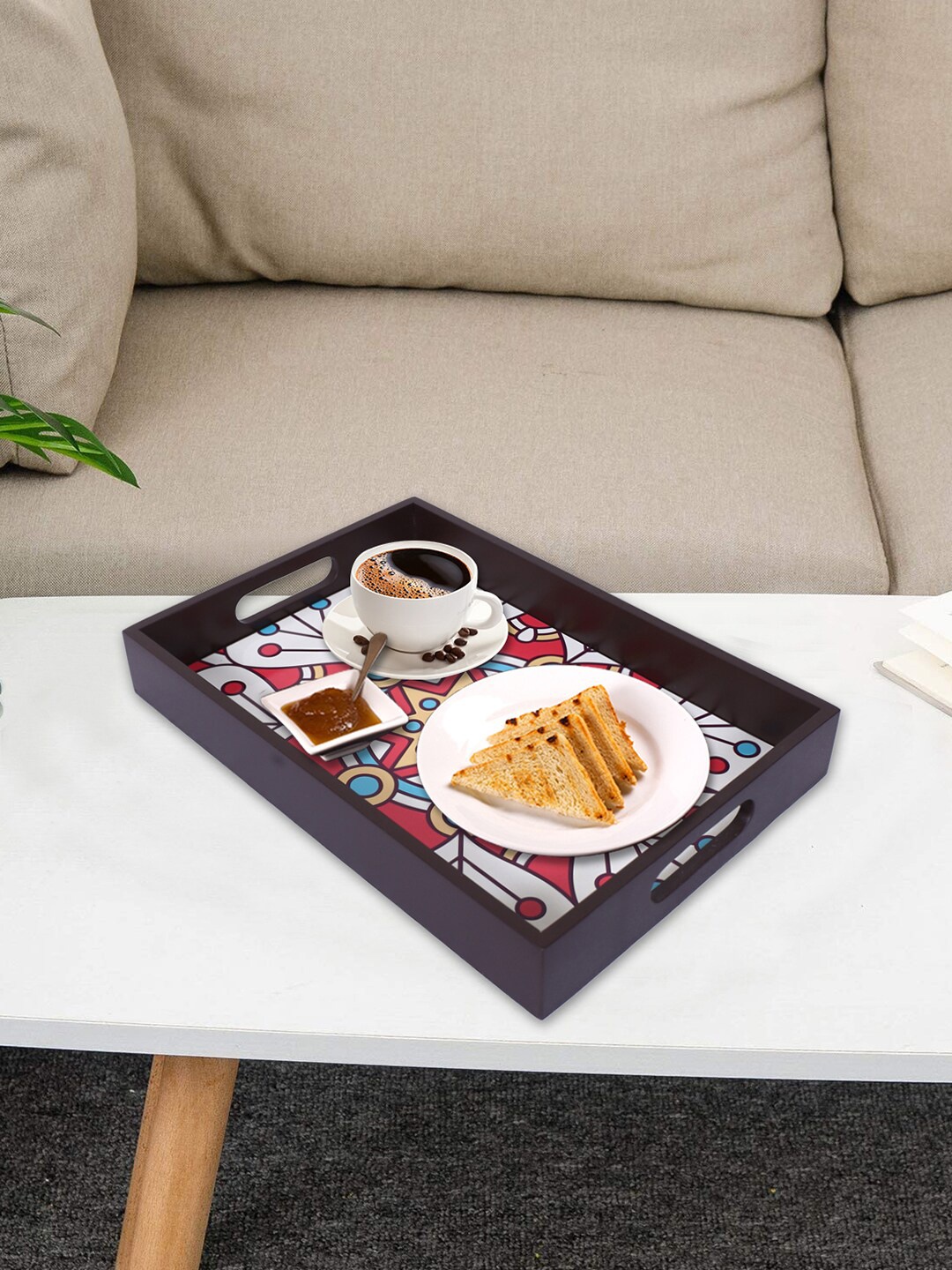 

Kuber Industries Set Of 3 Brown & Red Mandala Square Design Wooden Serving Trays