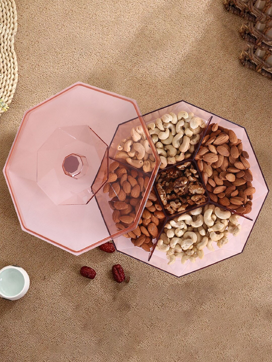 

Kuber Industries Pink 5 CompartMant Octagon Shape Dry Fruit Serving Bowl