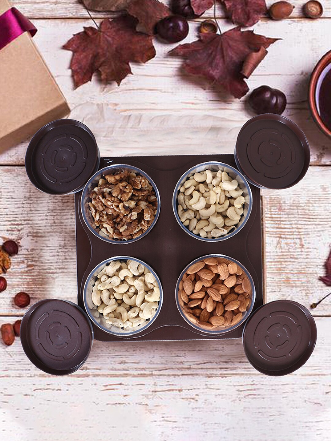 

Kuber Industries Brown Set of 4 Containers & Tray 350 ml Each