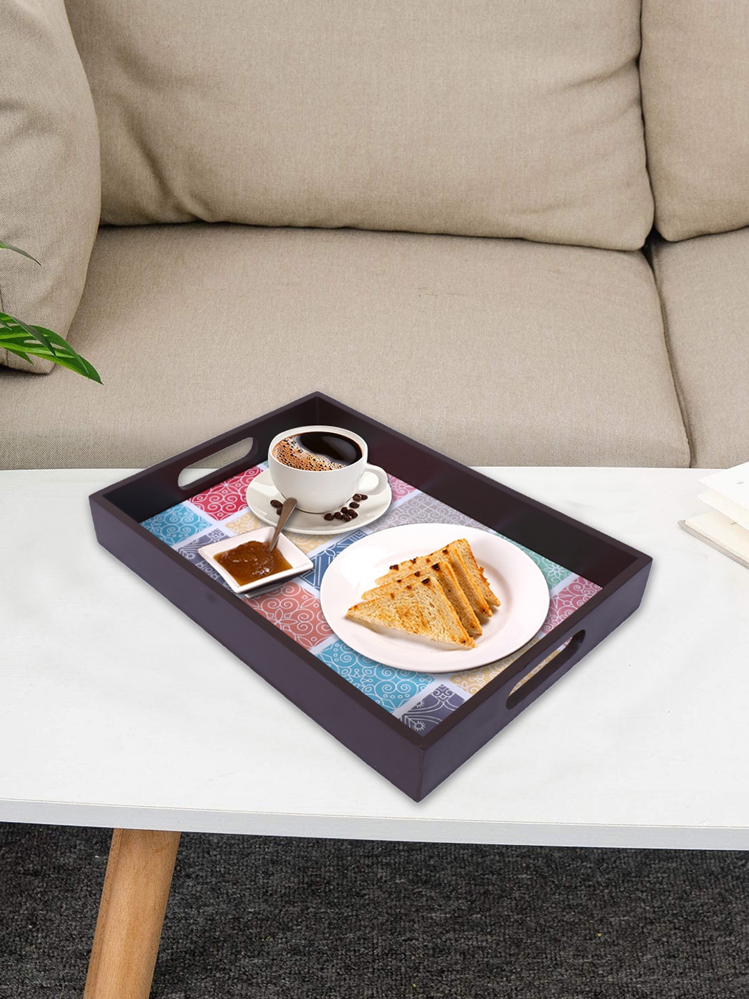 

Kuber Industries Brown Set Of 3 Geometric Printed Wooden Serving Tray