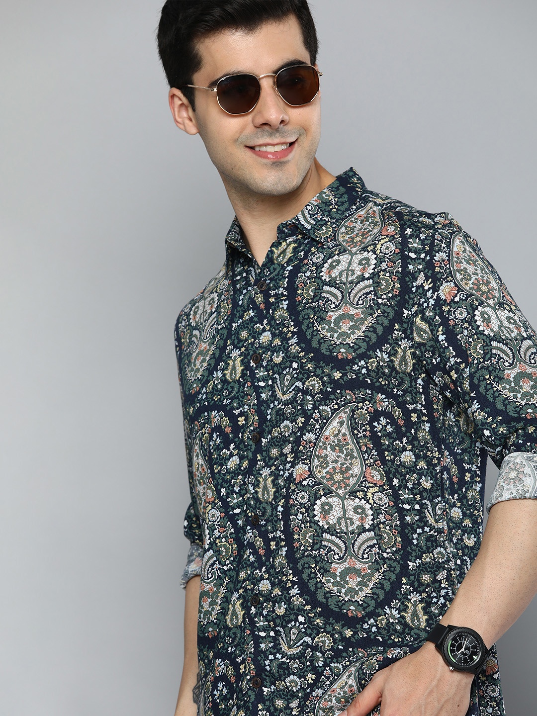 

HERE&NOW Men Slim Fit Printed Casual Shirt, Navy blue