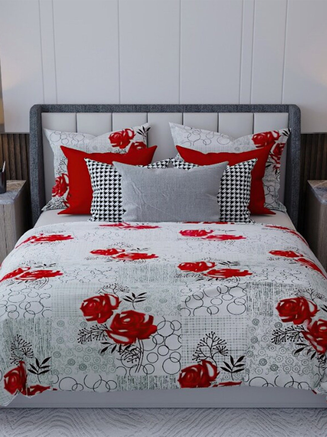 

LABHAM All Seasons White & Red Cotton 180 TC King Bedsheet with 2 Pillow Covers