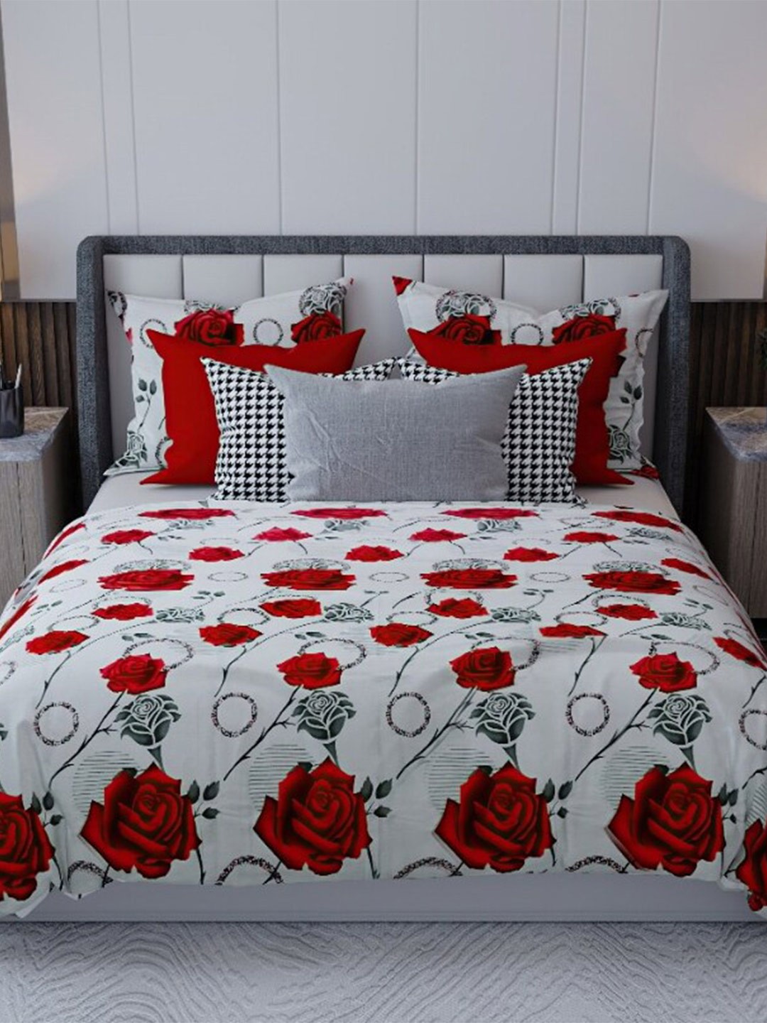 

LABHAM All Seasons White & Red Cotton 180 TC King Bedsheet with 2 Pillow Covers