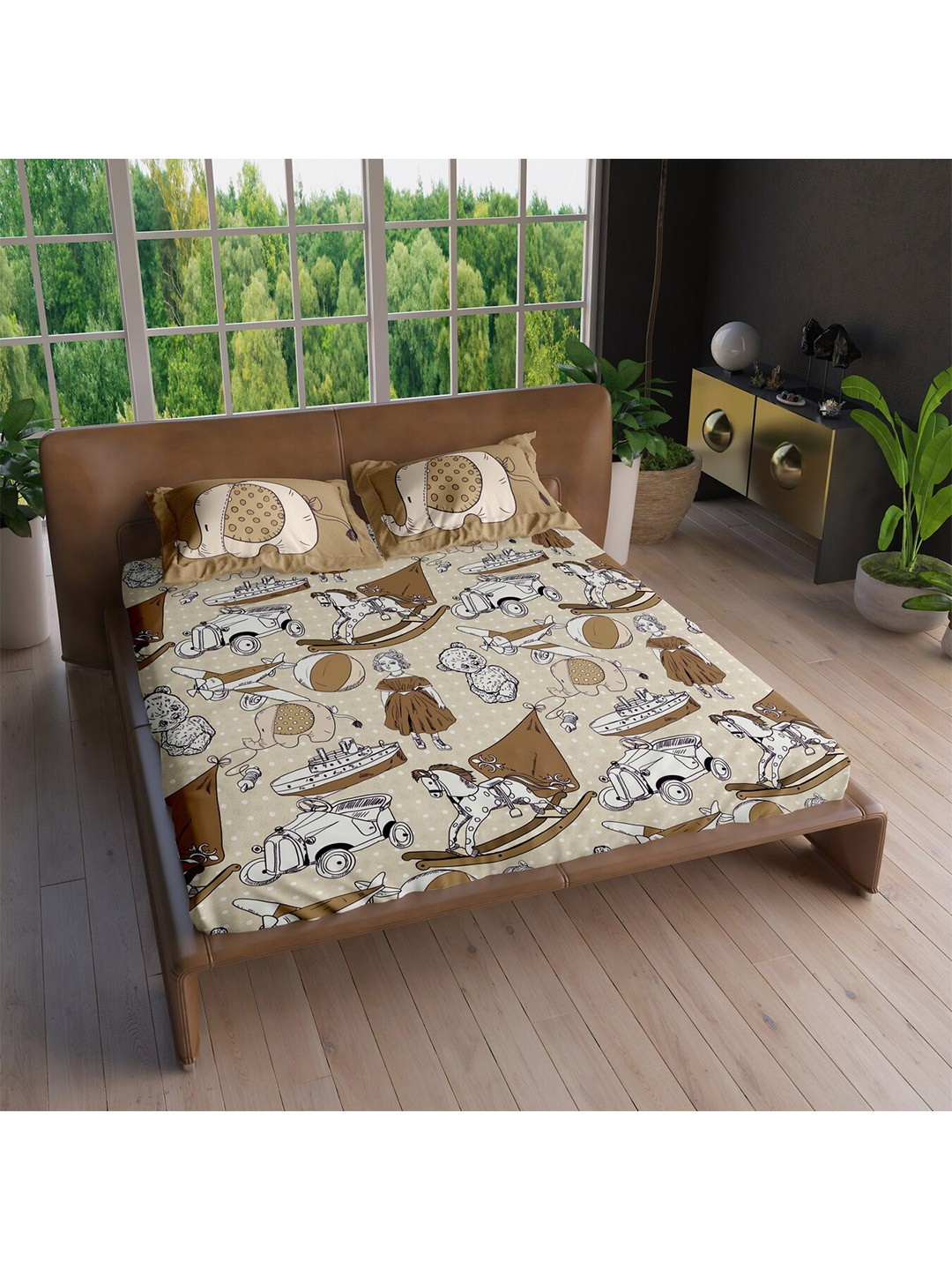 

LABHAM All Seasons Brown & White Cotton 220 TC King Bedsheet with 2 Pillow Covers