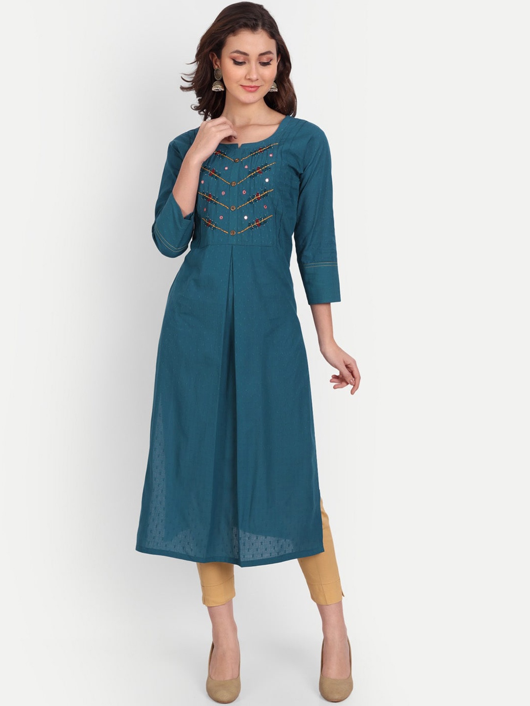 

Mclothings Women Teal Floral Embroidered Pure Cotton Kurta