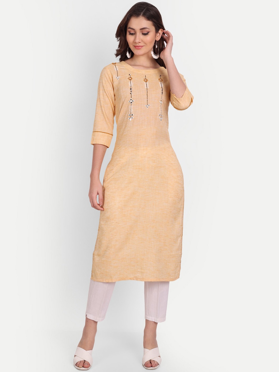 

Mclothings Women Cream-Coloured Floral Embroidered Mirror Work Floral Kurta