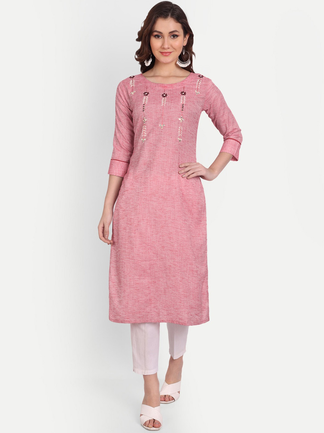 

Mclothings Women Red Floral Embroidered Thread Work Floral Kurta