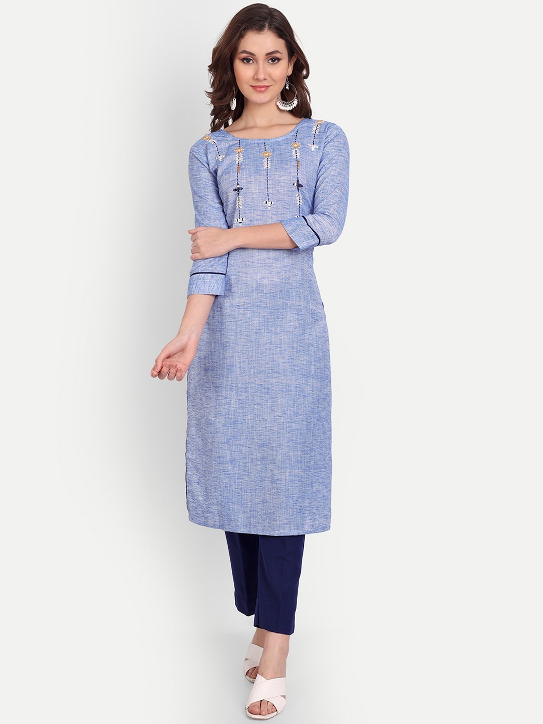 

Mclothings Women Blue Patchwork Floral Khadi Kurta