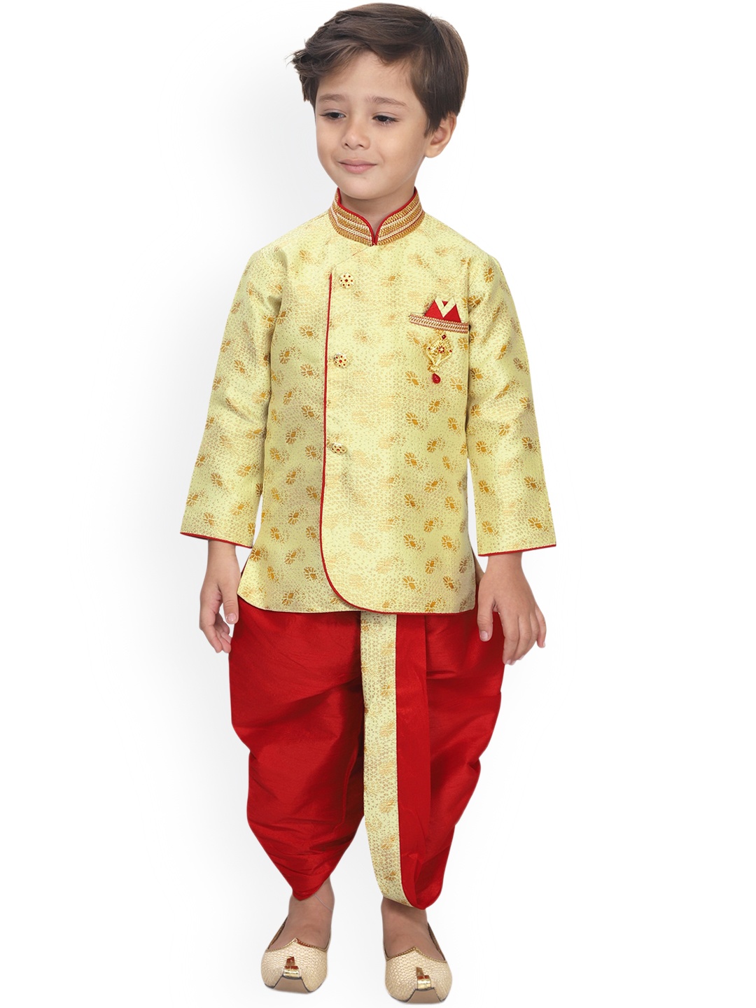 

KIDS FARM Boys Ethnic Motifs Angrakha Kurta With Dhoti Pants, Gold