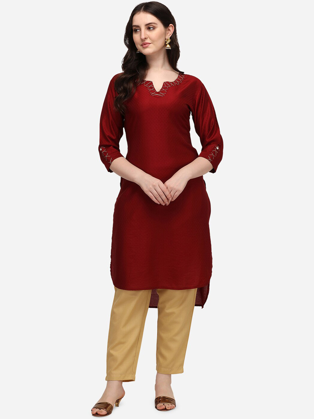 

KALINI Women Notch Neck High-Low Hem Kurta with Trousers, Red
