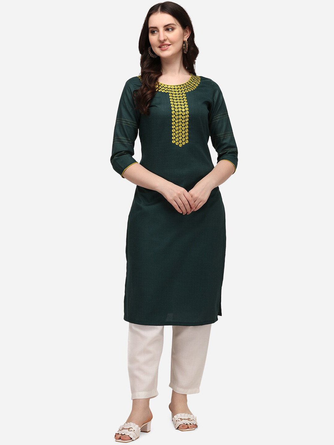 

KALINI Women Floral Embroidered Thread Work Pure Cotton Kurta with Palazzos, Green