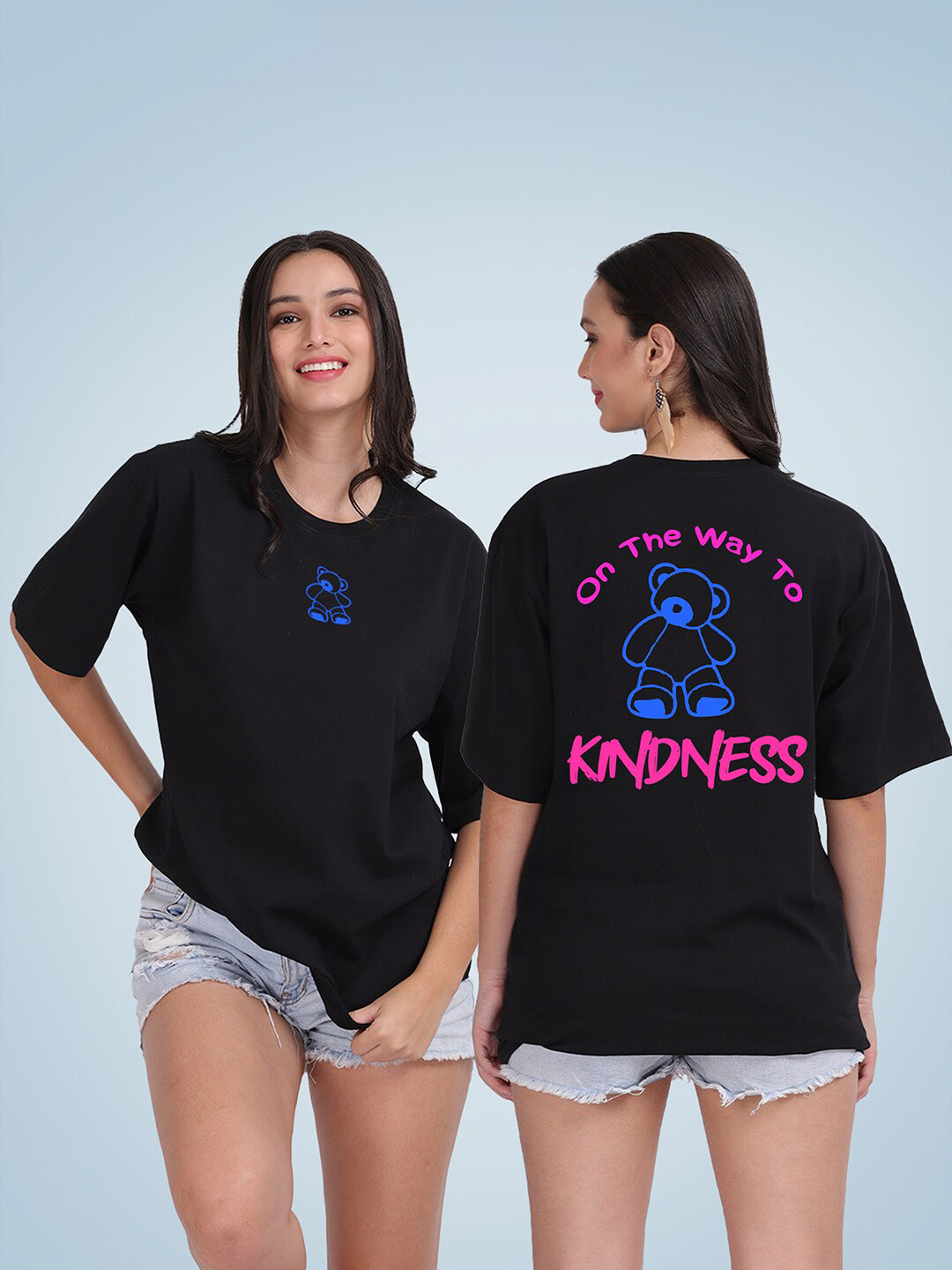 

Mad Over Print Women Pack of 2 Typography Printed Cotton Loose T-shirt, Black