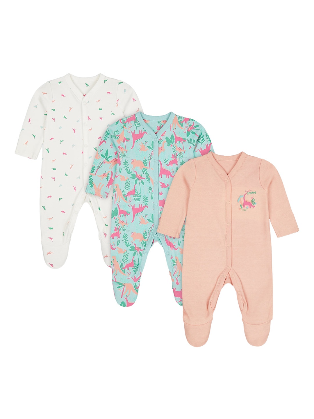 mothercare Infant Boys Pack Of 3 Printed Cotton Sleepsuits, Peach