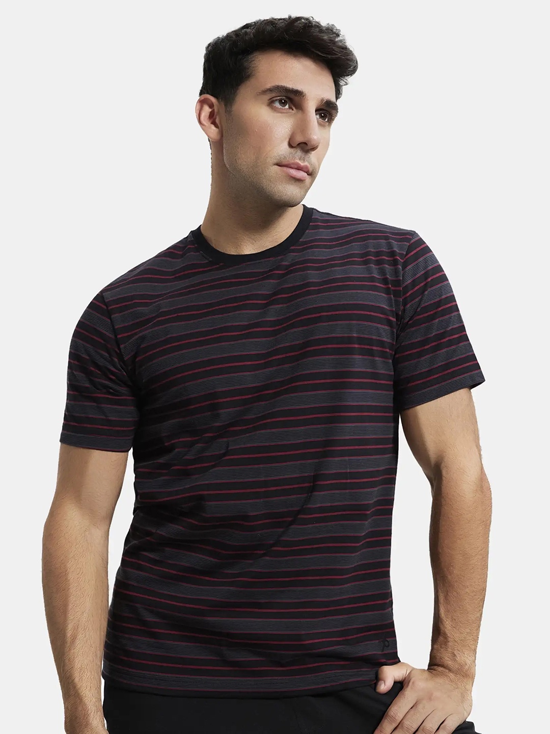 

Jockey Super Combed Cotton Rich Striped Round Neck Half Sleeve Tshirt, Black