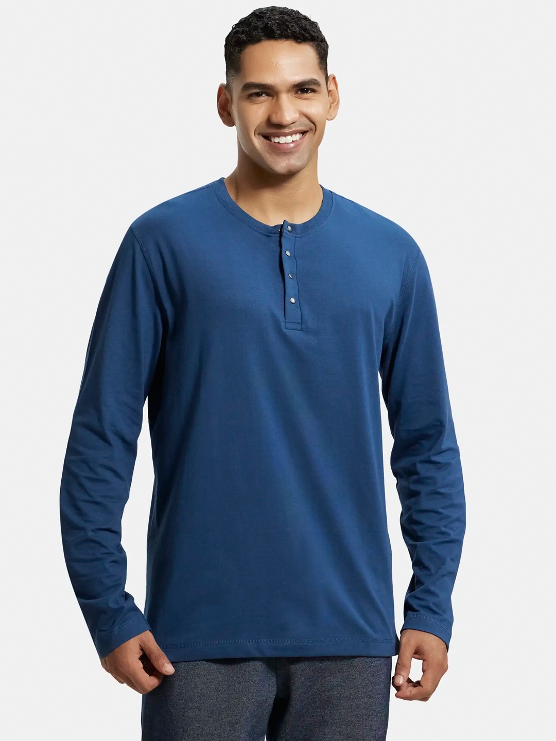 

Jockey Super Combed Cotton Rich Solid Full Sleeve Henley T-shirt-US87, Blue