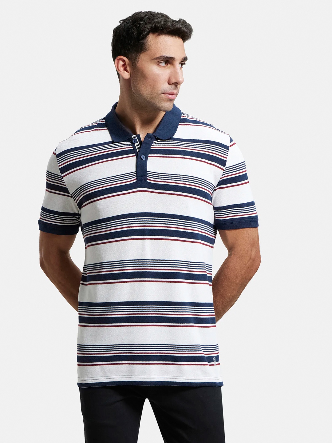 

Jockey Super Combed Cotton Rich Striped Half Sleeve Polo T-shirt-US93, White