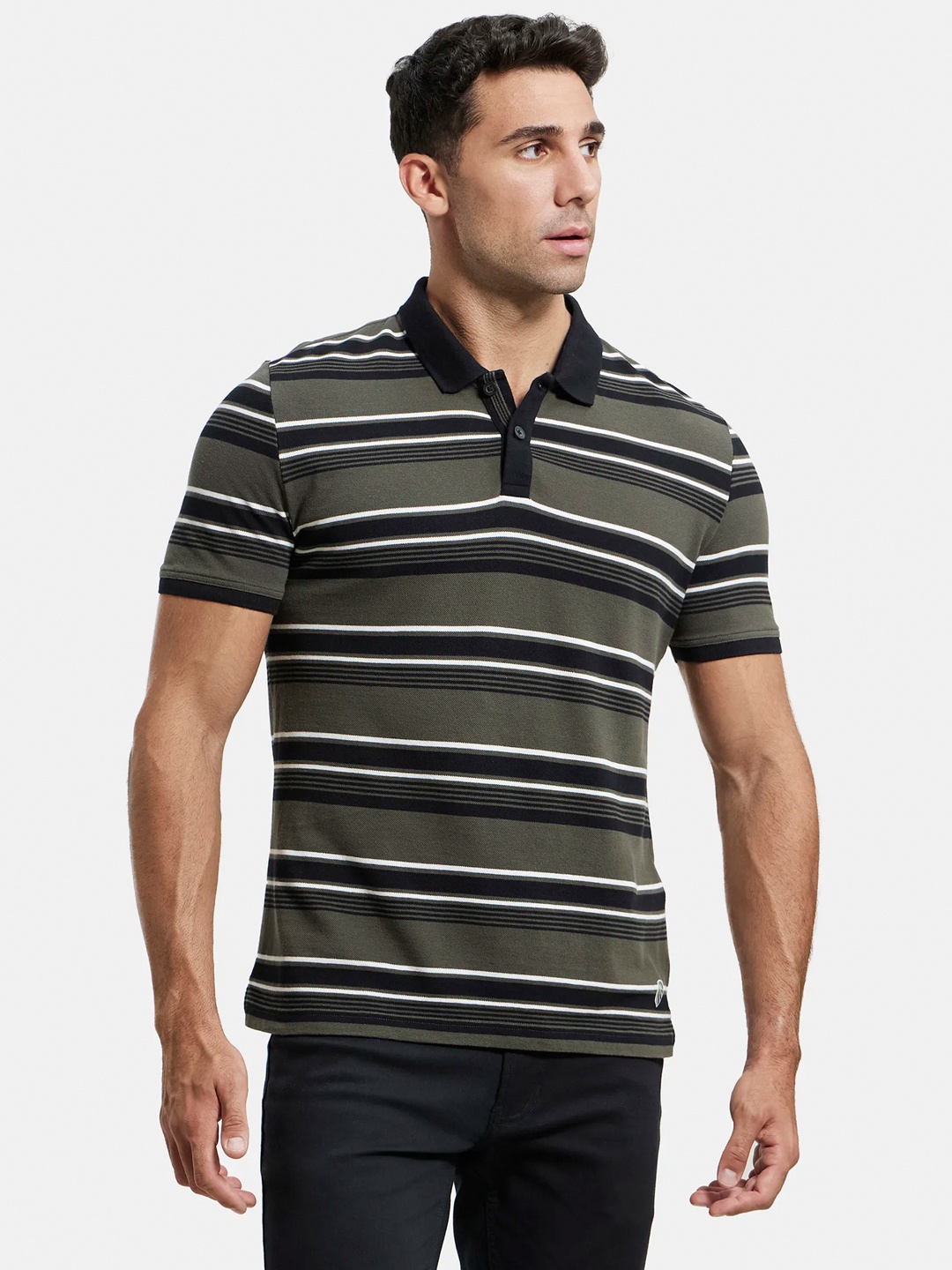 

Jockey Super Combed Cotton Rich Striped Half Sleeve Polo T-shirt-US93, Black