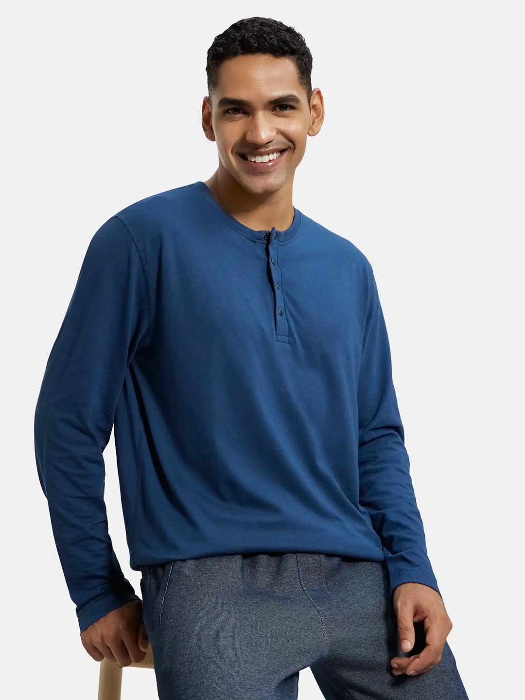 

Jockey Super Combed Cotton Rich Solid Full Sleeve Henley T-shirt-US87, Blue