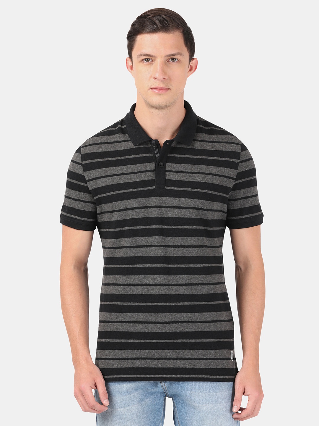 

Jockey USA originals Men Striped Polo Collar Monochrome Cotton T-shirt, Black