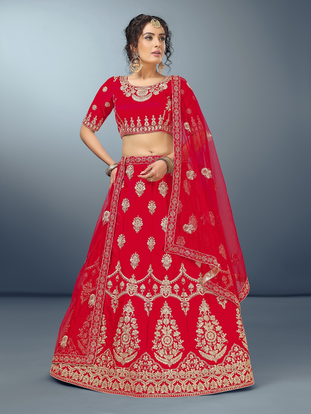 

Sarvayog Fashion Embroidered Semi-Stitched Lehenga & Unstitched Blouse With Dupatta, Red