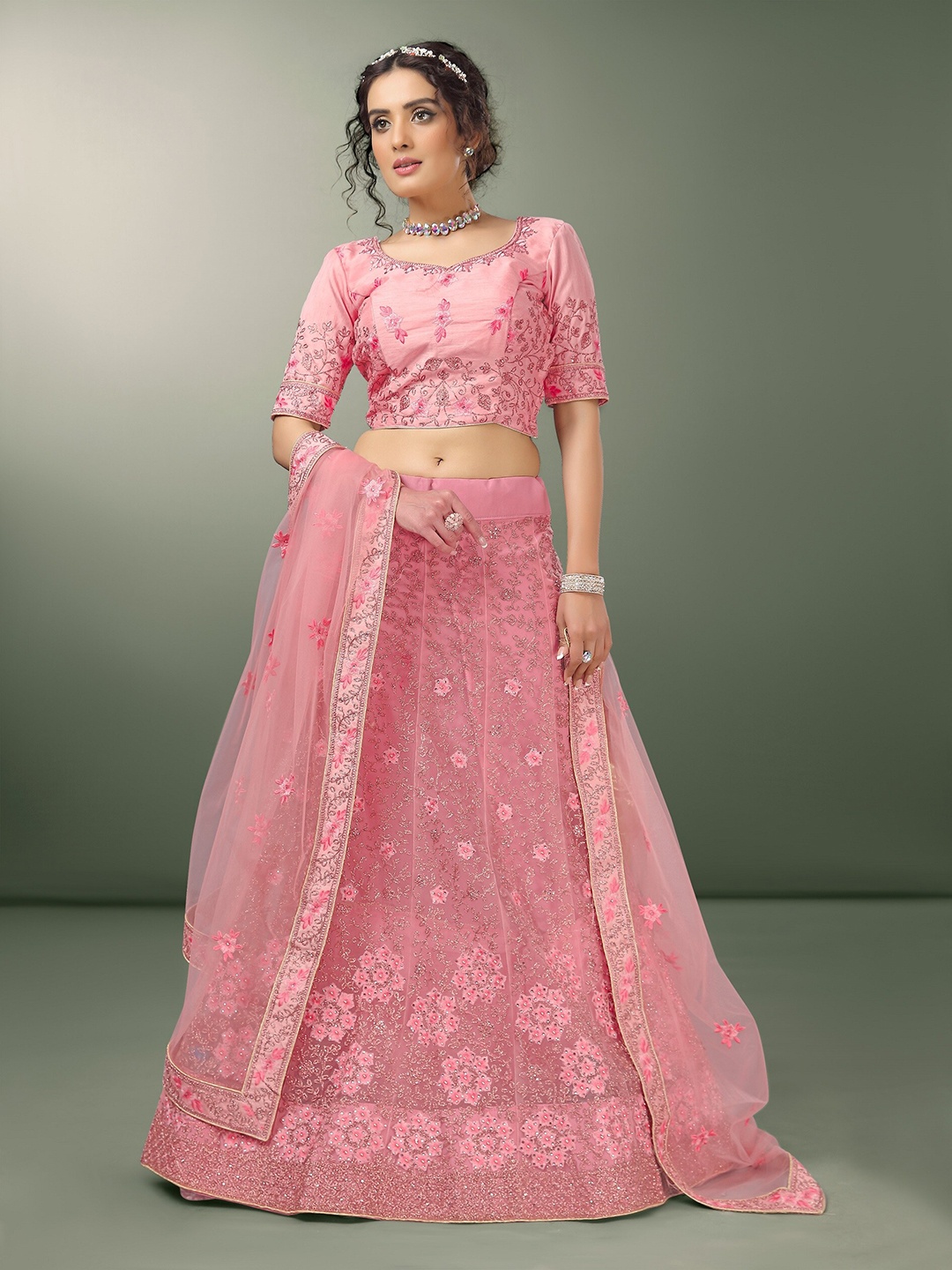 

Sarvayog Fashion Embroidered Semi-Stitched Lehenga & Unstitched Blouse With Dupatta, Peach