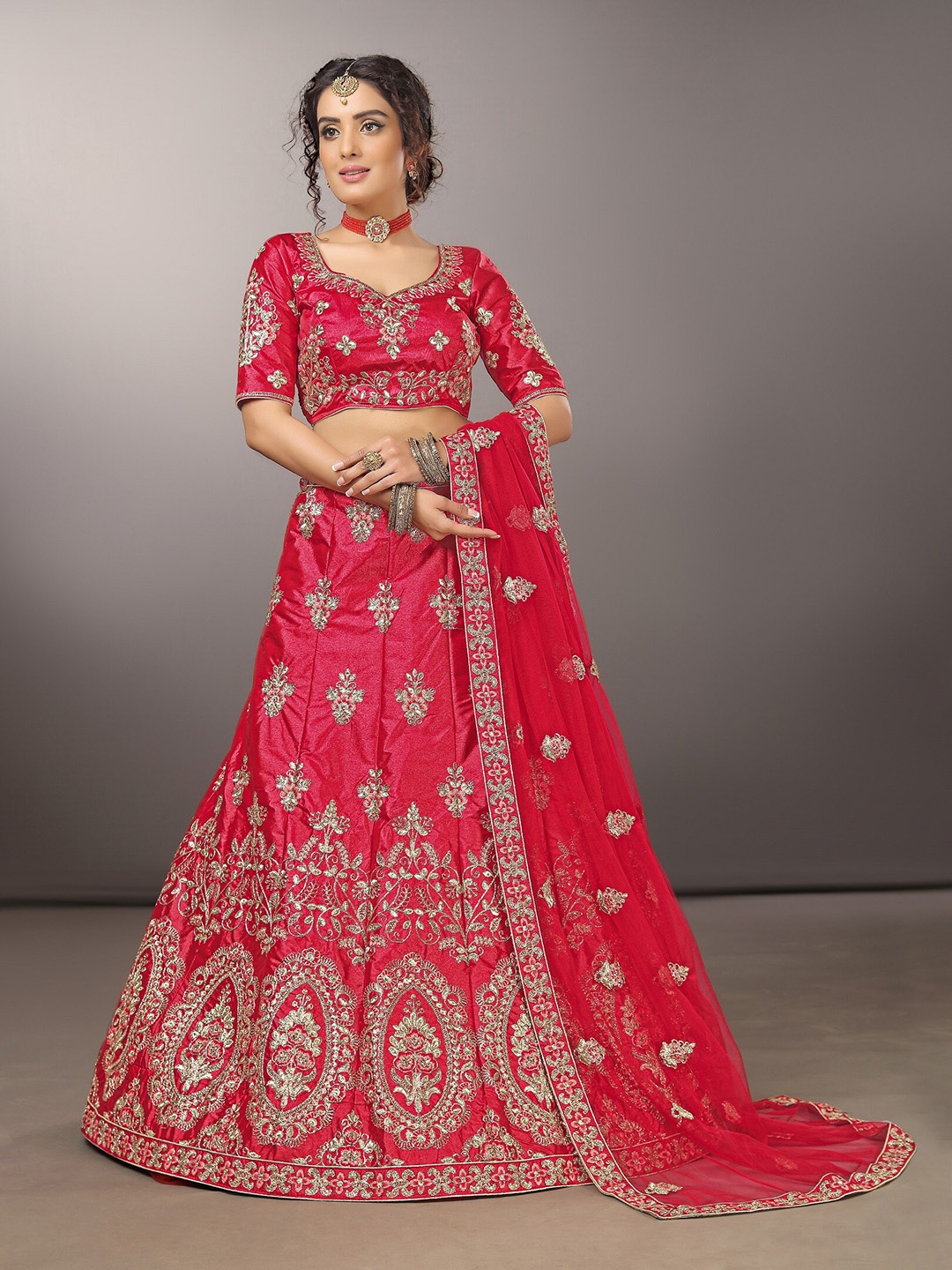 

Sarvayog Fashion Embroidered Semi-Stitched Lehenga & Unstitched Blouse With Dupatta, Red