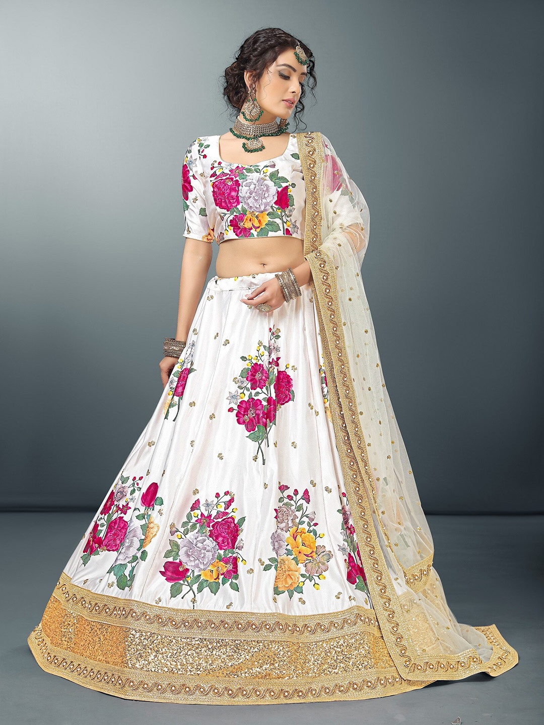 

Sarvayog Fashion Printed Semi-Stitched Lehenga & Unstitched Blouse With Dupatta, White